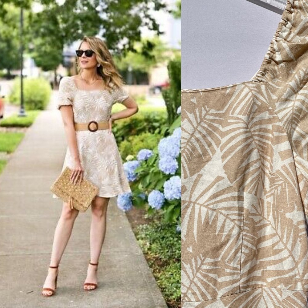 Loft Women's Dress 14 Mini Palm Tree Print Tan Short Sleeve Square Neck Plus New